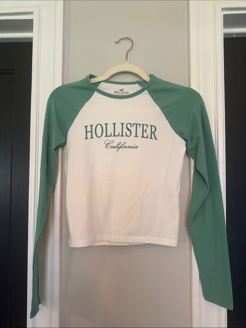 Hollister White and Green Raglan Long Sleeve Tee